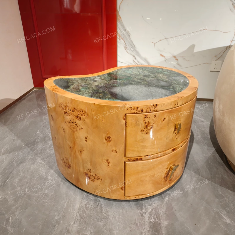 Contoured Amber Burl Wood Side Table with Green Stone Top and Two Drawers